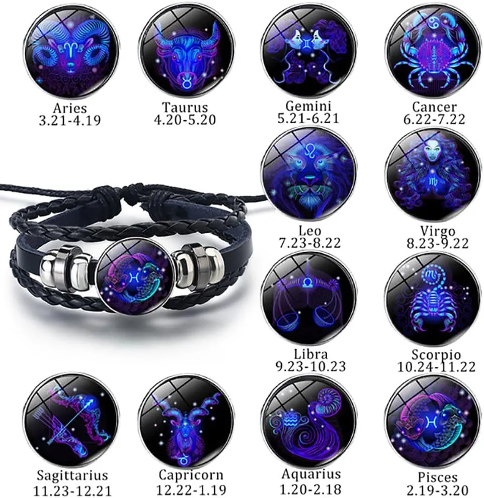LIU JUN Zodiac Signs Spirit Bracelet For Women, Multilayer Adjustable Twelve 12 Constellation Leather Handmade Woven Glow in the Dark Wristband Men Lover Gifts Jewelry