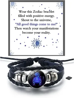 LIU JUN Zodiac Signs Spirit Bracelet For Women, Multilayer Adjustable Twelve 12 Constellation Leather Handmade Woven Glow in the Dark Wristband Men Lover Gifts Jewelry