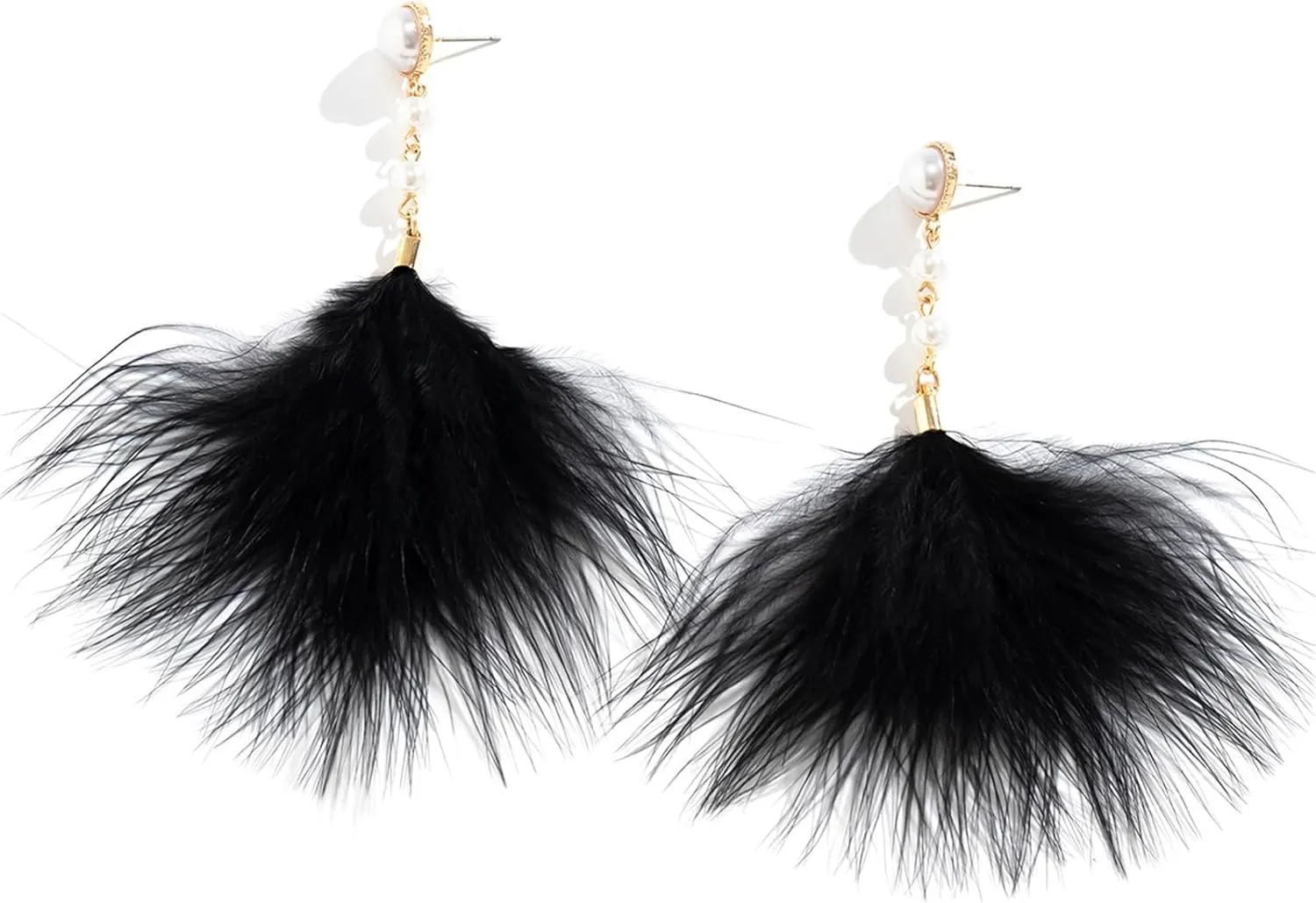 Long Feather Tassel Pearl Dangle Drop Earrings Boho Handmade Colorful Soft Feathers Chandelier Lightweight Pearl Chain Earrings for Women Bohemian Style Wedding Bridal Prom Party Jewelry Gifts