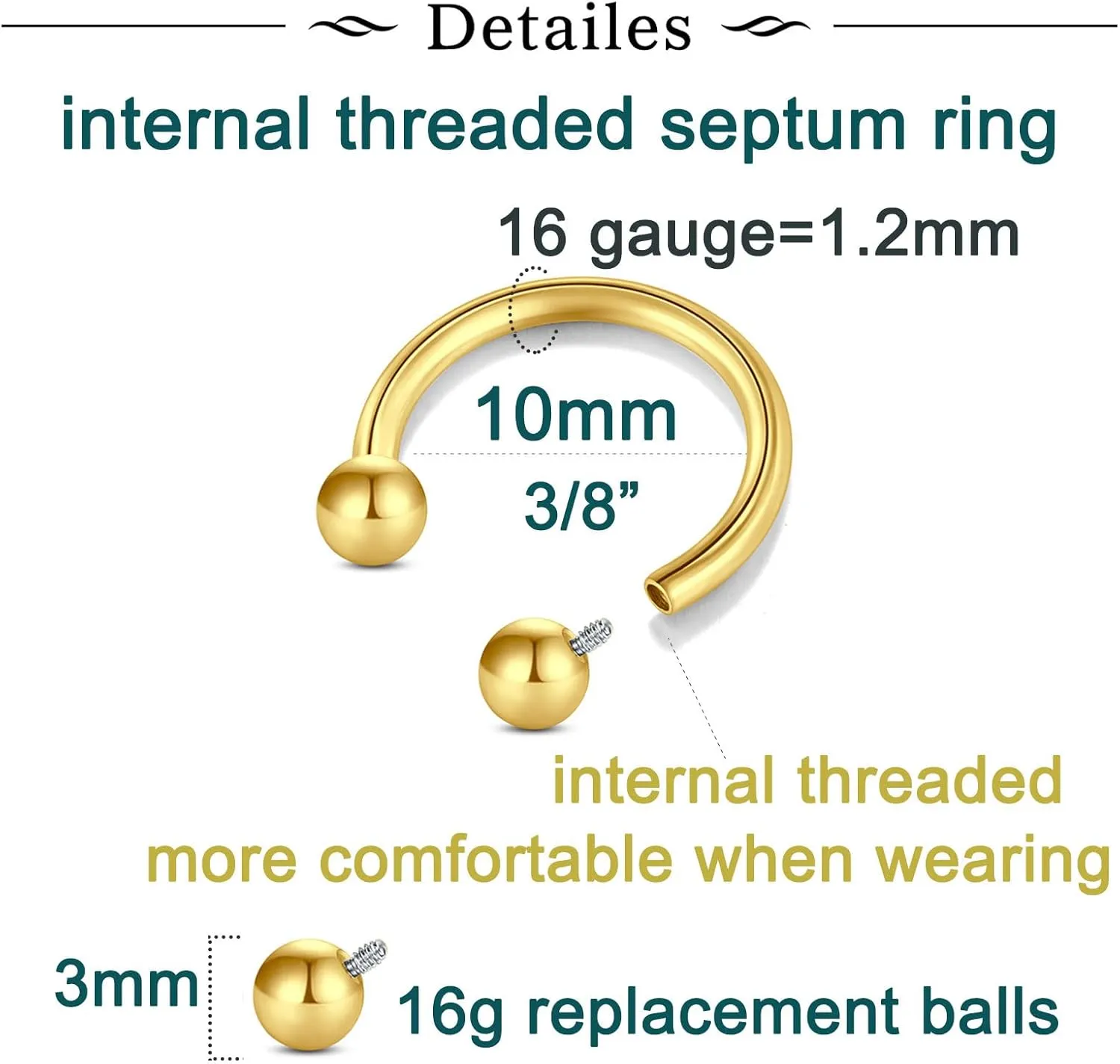 Longita Internally Threaded Septum Ring Silver Black Gold Septum Rings 16G Septum Piercing Surgical Steel Septum Jewelry Septum Nose Rings 16 Gauge Small Septum Ring Horseshoe with Replacement Balls