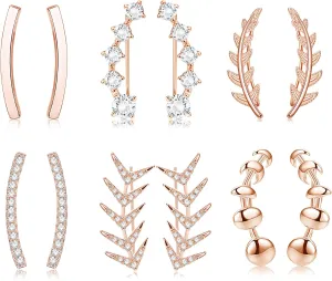 LOYALLOOK 6 Pairs Ear Cuffs Hoop Climber Earrings for Women CZ Leaf Crawler Stud Earring Ball Arrow Cuff Earrings Set