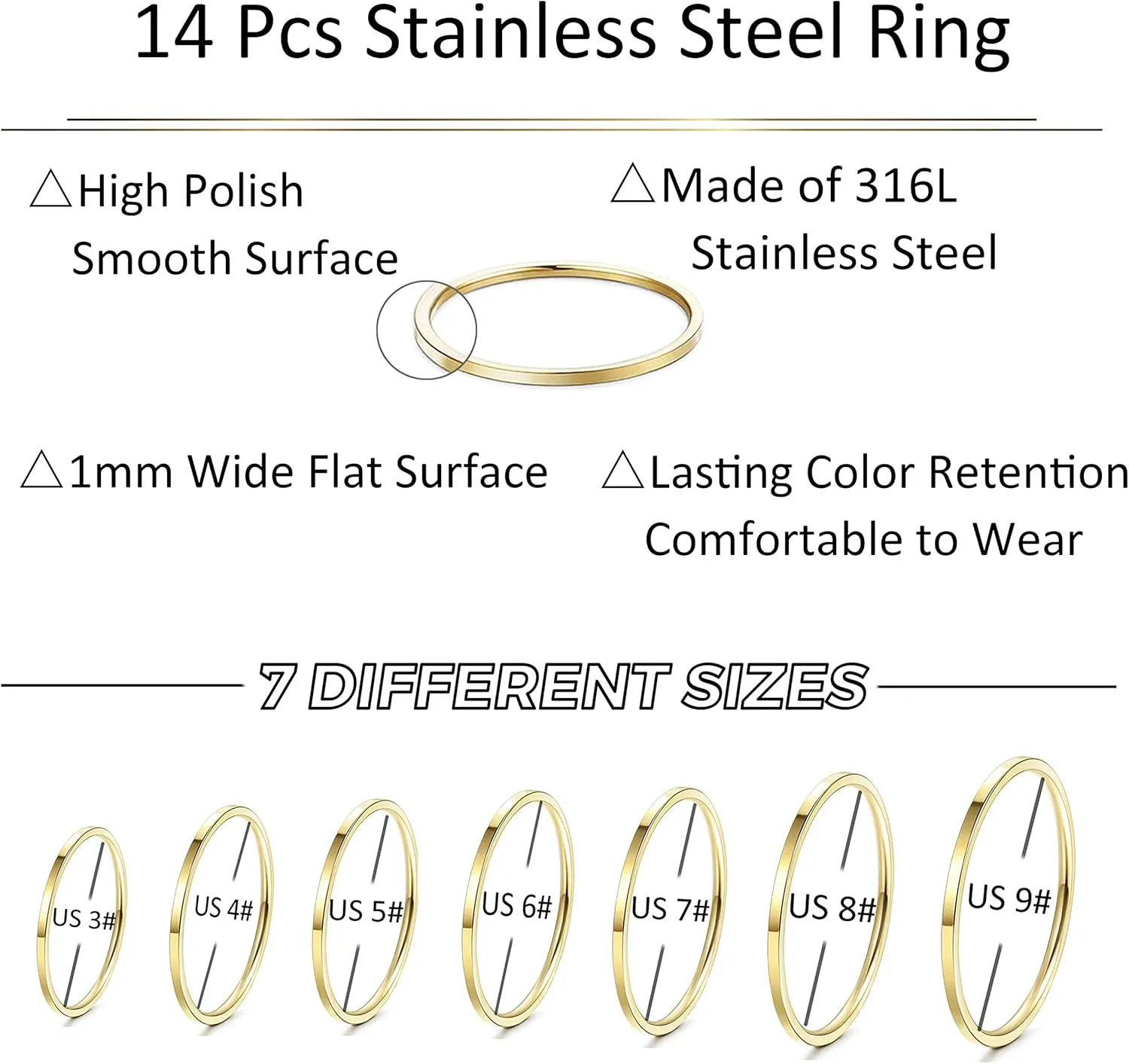 LOYALLOOK 8-14Pcs 1mm Stainless Steel Women's Plain Band Knuckle Stacking Midi Rings Comfort Fit Silver/Gold/Rose Tone