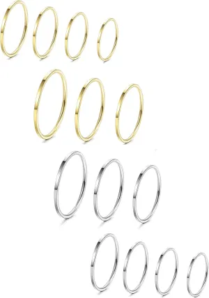 LOYALLOOK 8-14Pcs 1mm Stainless Steel Women's Plain Band Knuckle Stacking Midi Rings Comfort Fit Silver/Gold/Rose Tone