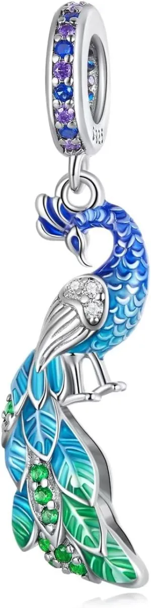 Lucky Peacock Charm Bead 925 Sterling Silver Sparkling Cute Animal Element Dangle Pendant for Bracelet Necklace Making