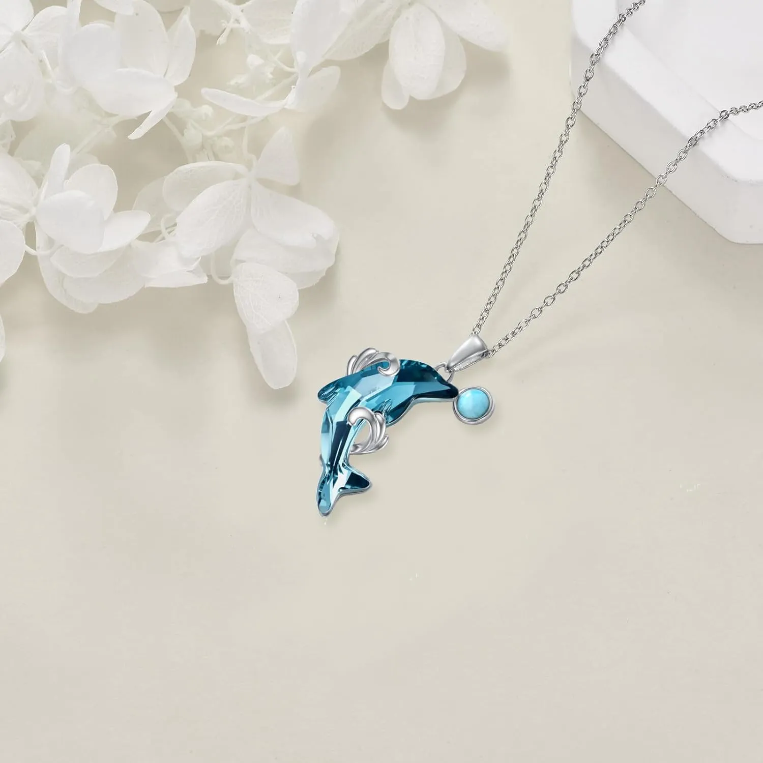 LUHE Dolphin Necklace Sterling Silver Dolphin Aquamarine Crystal Pendant Necklace Larimar Necklace Jewelry Gifts for Women