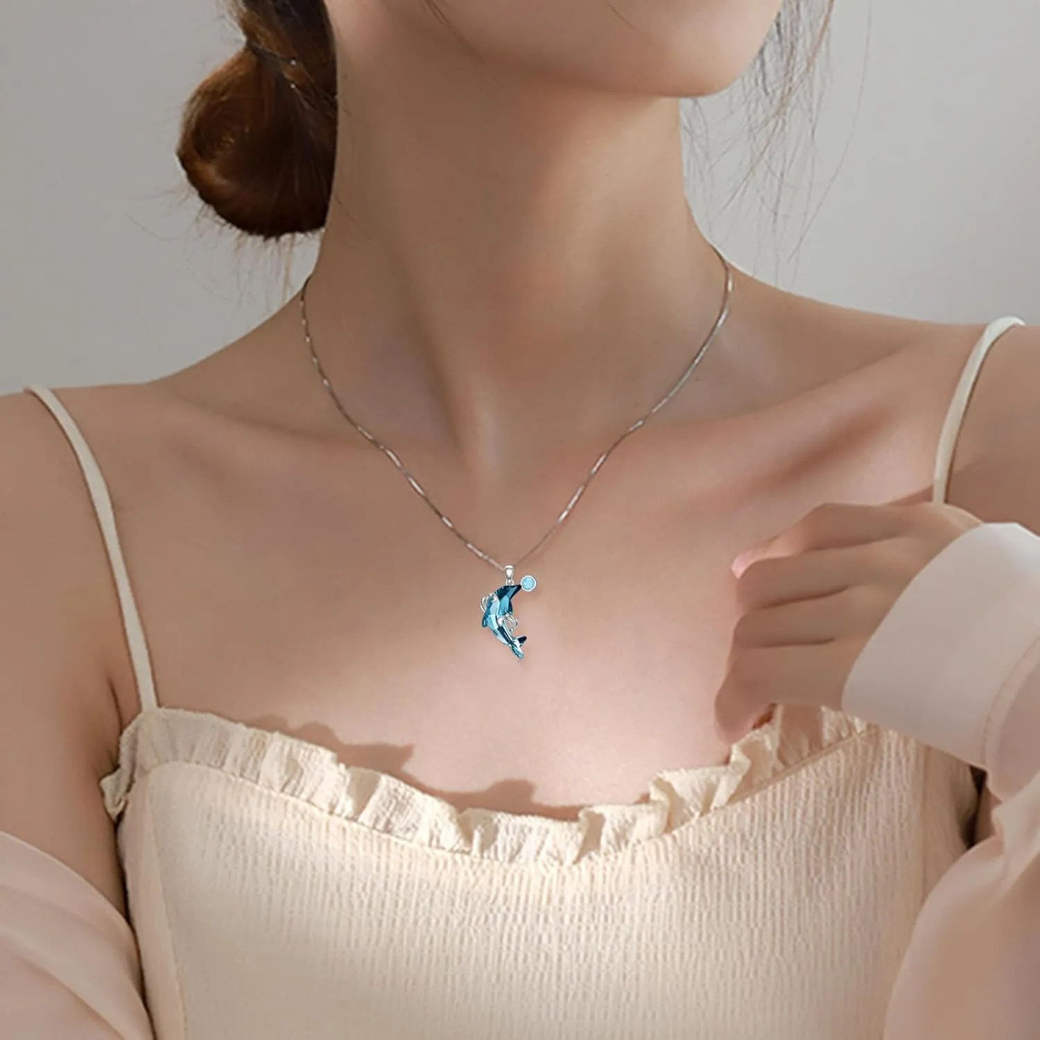 LUHE Dolphin Necklace Sterling Silver Dolphin Aquamarine Crystal Pendant Necklace Larimar Necklace Jewelry Gifts for Women