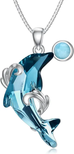 LUHE Dolphin Necklace Sterling Silver Dolphin Aquamarine Crystal Pendant Necklace Larimar Necklace Jewelry Gifts for Women