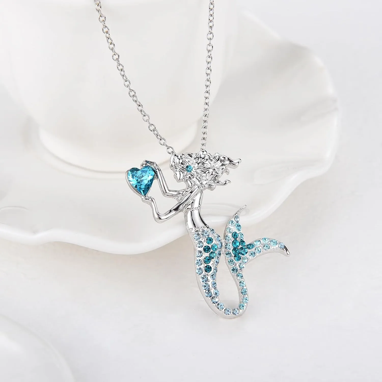luomart Fashion Mermaid Birthstone Necklace Jewelry White Gold Plated Austrian Crystal Pendant Gifts for Women