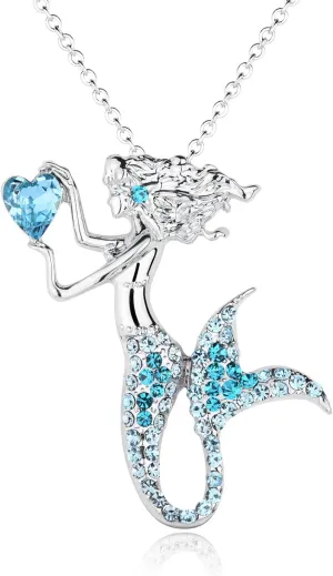 luomart Fashion Mermaid Birthstone Necklace Jewelry White Gold Plated Austrian Crystal Pendant Gifts for Women