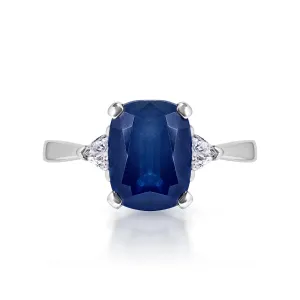 Maggie 3 Carat Elongated Cushion Blue Sapphire Ring in 14 Karat White Gold