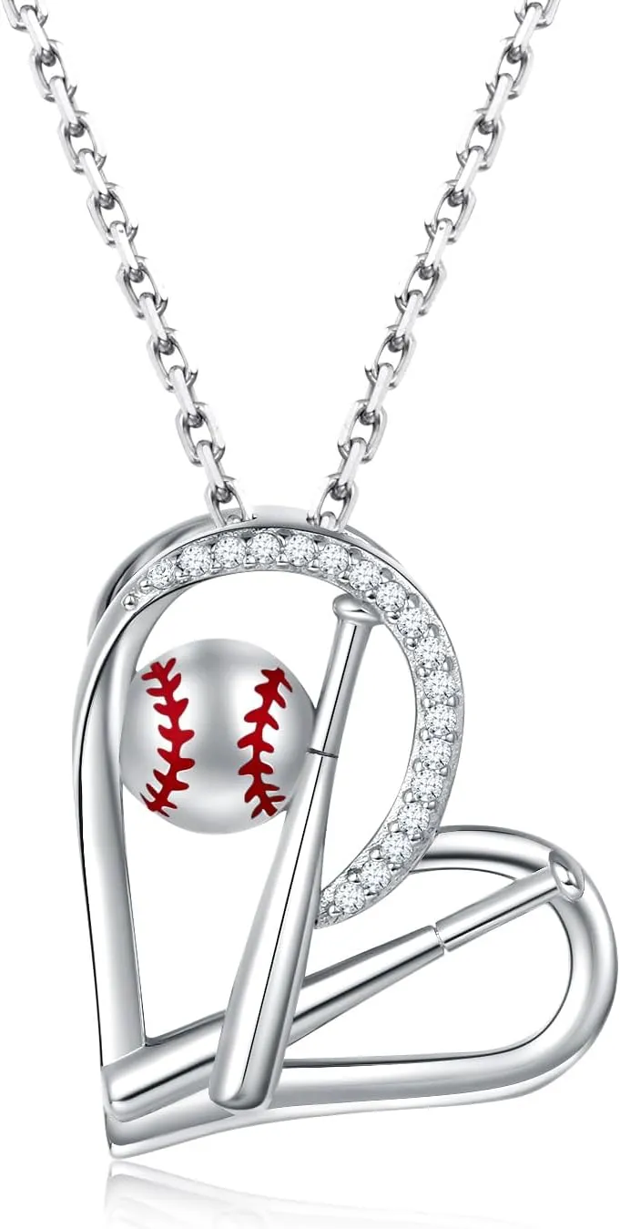 MANBU Sterling Silver Baseball Necklace Earrings for Women Baseball Bat Heart Pendant Sport Jewelry Gifts for Daughter Granddaughter