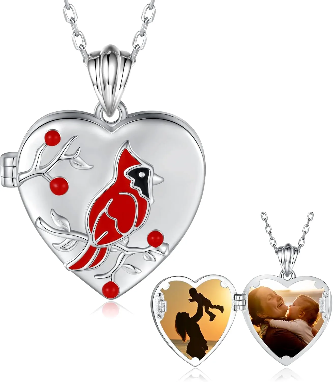 MANBU Sterling Silver Cardinal Jewelry for Women - Red Bird Stud Earrings Pendant Locket Necklace Bracelet Always In My Heart Memorial Jewelry Gift