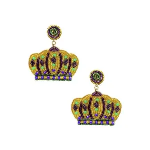 Mardi Gras Crown Seed Bead Drop Earrings.