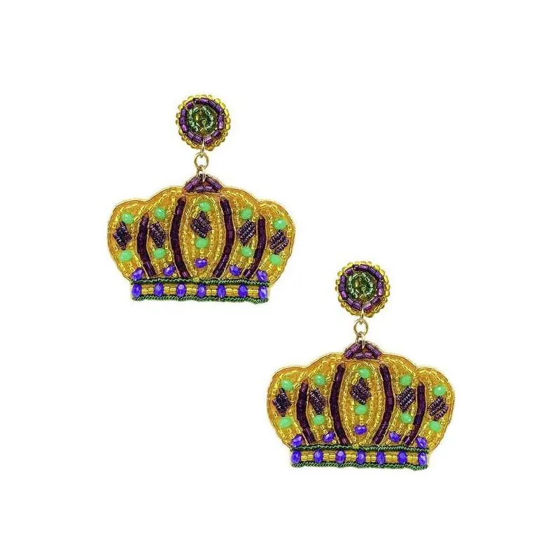 Mardi Gras Crown Seed Bead Drop Earrings.