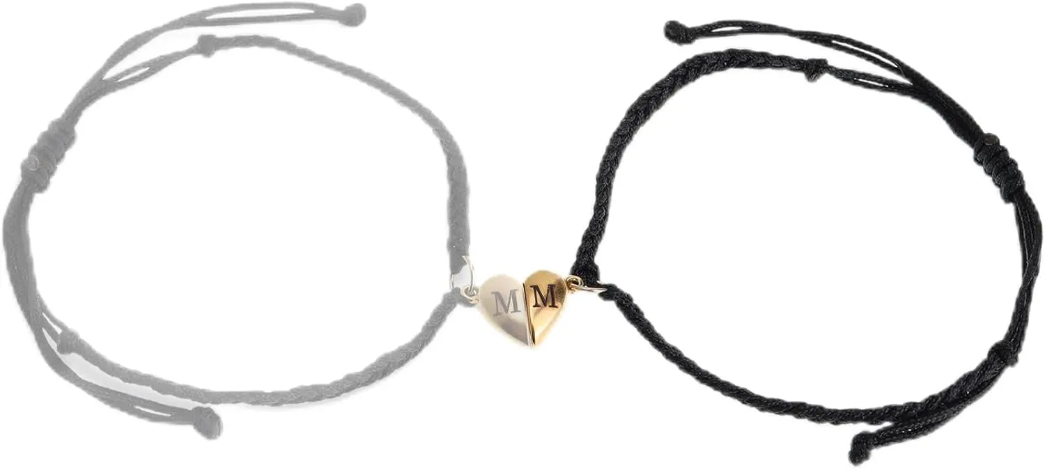 Matching Bracelets for Couples, Gold Heart Initial Friendship Adjustable Bracelet Women, Cute Match Charm Letter Name Black Braided Rope Bf Gf Friends Jewelry Gift
