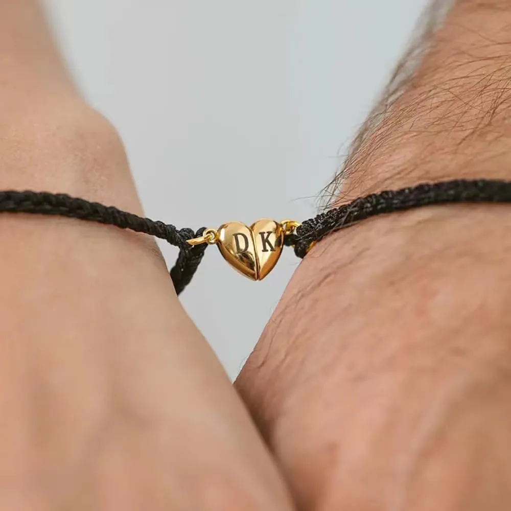 Matching Bracelets for Couples, Gold Heart Initial Friendship Adjustable Bracelet Women, Cute Match Charm Letter Name Black Braided Rope Bf Gf Friends Jewelry Gift