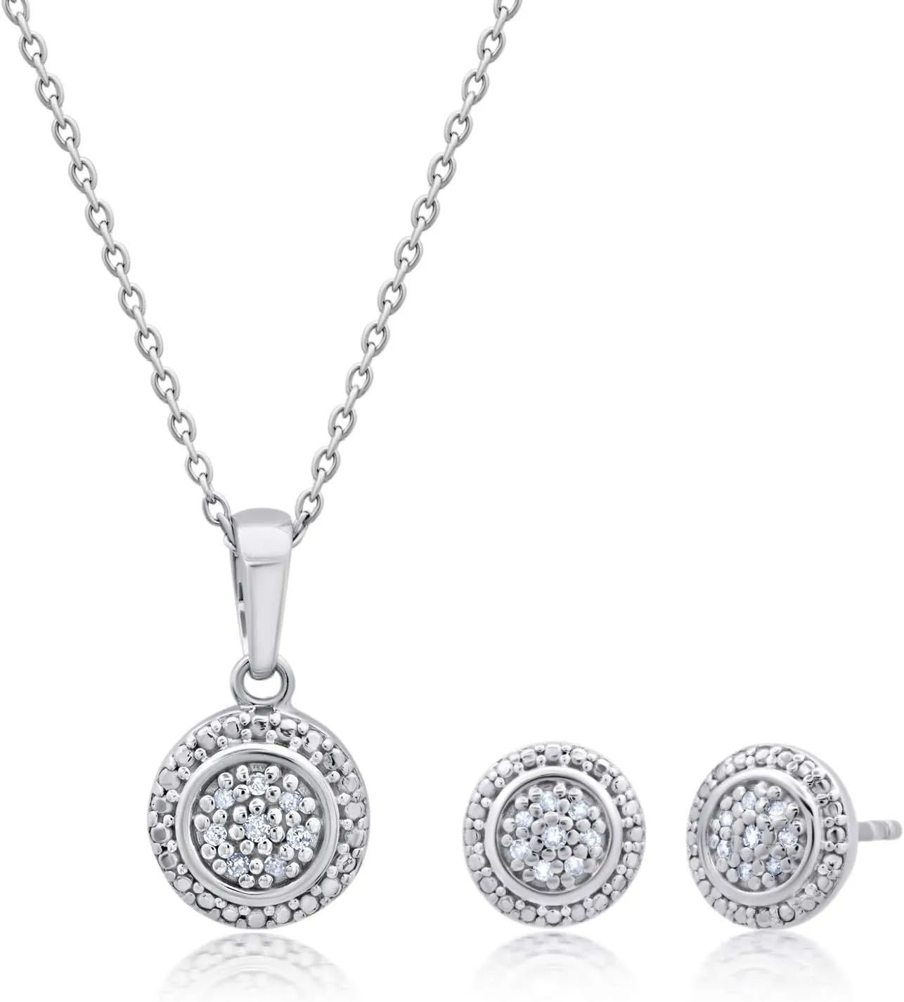 MAX   STONE Diamond Halo Pendant Necklace and Stud Earrings Set in Sterling Silver | 0.10 Carat Real Diamond Necklace and Earring Sets for Women | Natural Diamonds Jewelry