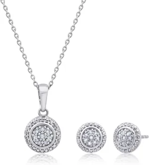 MAX   STONE Diamond Halo Pendant Necklace and Stud Earrings Set in Sterling Silver | 0.10 Carat Real Diamond Necklace and Earring Sets for Women | Natural Diamonds Jewelry