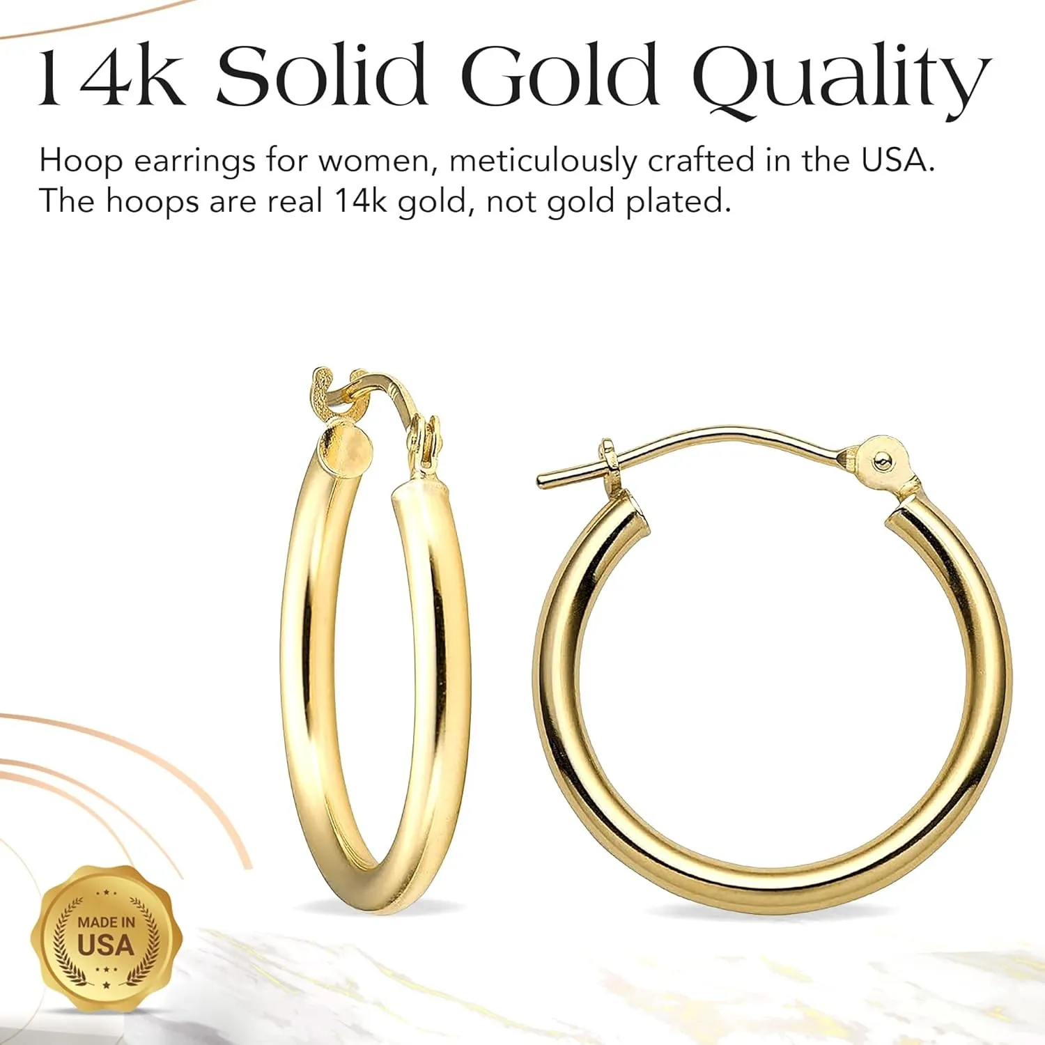 MAZZERI Solid Gold Hoop Earrings 14k Real Gold For Women and Men - Hypoallergenic, Made in the USA, Available in Yellow or White Gold