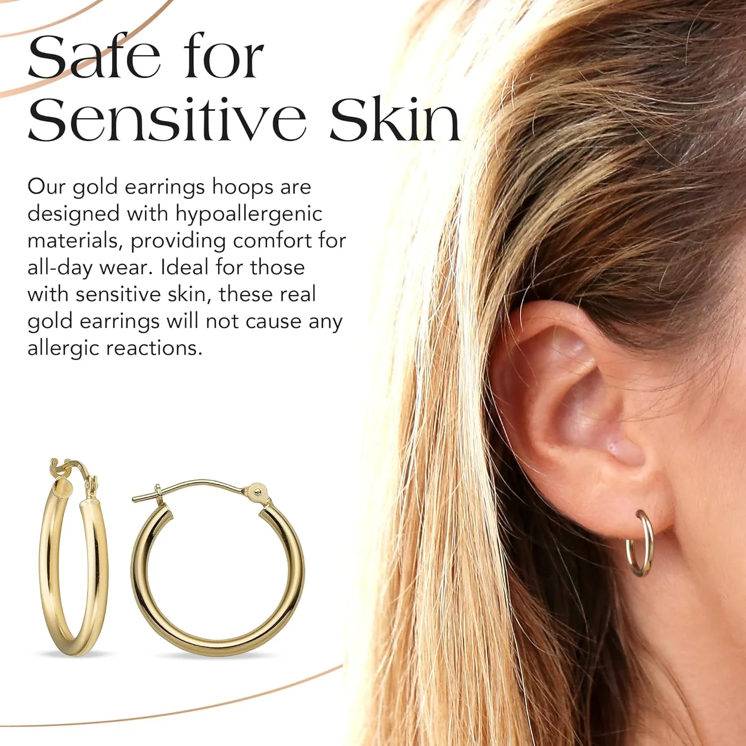 MAZZERI Solid Gold Hoop Earrings 14k Real Gold For Women and Men - Hypoallergenic, Made in the USA, Available in Yellow or White Gold