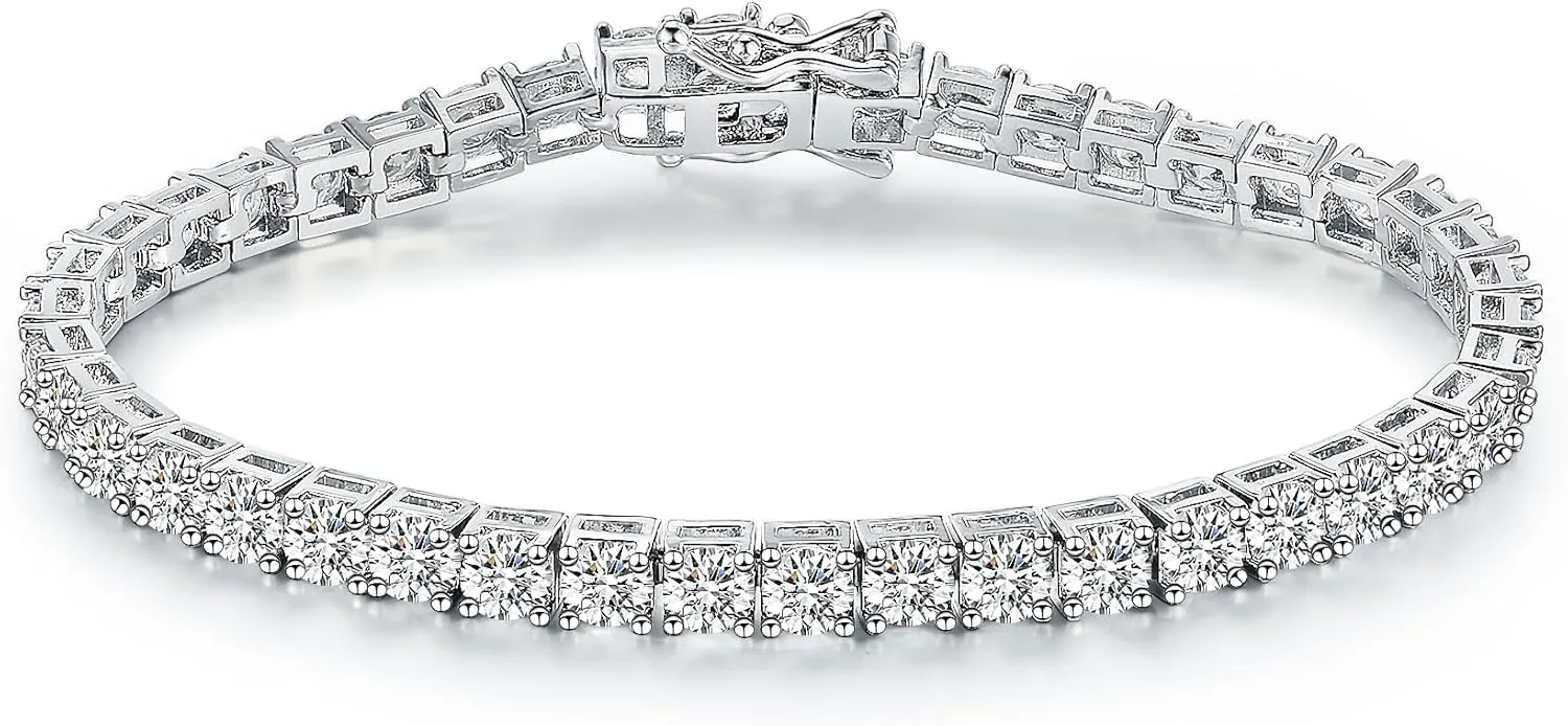 MDFUN 18K White Gold Plated Tennis Bracelet 4.0mm Round Cubic Zirconia Cut Diamond Imitation for Women and Men Hypoallergenic & Durable | 6-8.5 inch