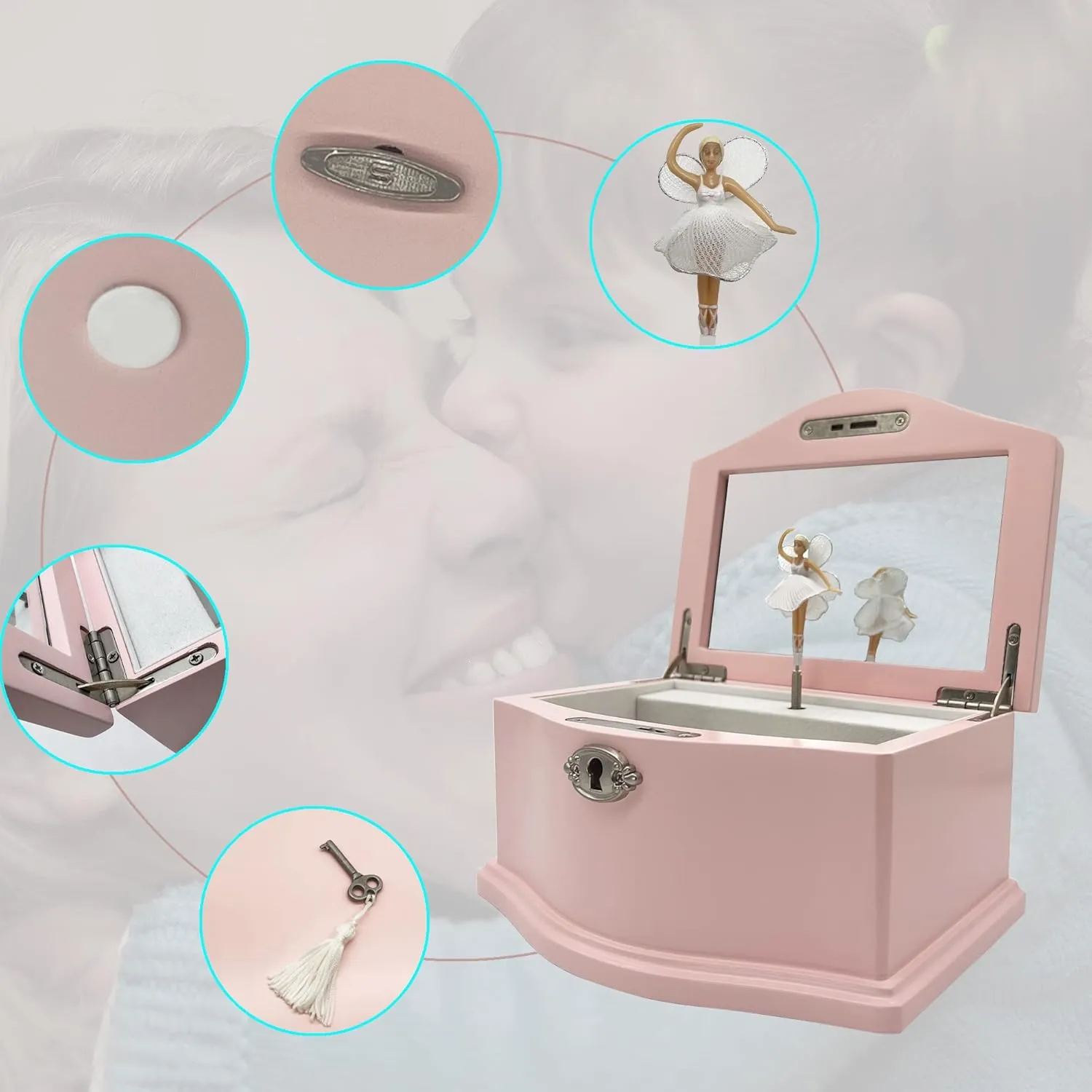 Medium Pink Ballerina Musical Jewelry Box with Mirror and Lock for Girls,Pink Kid's Jewelry Storage Music Chest,Gifts for Christmas,New Year and All Hoidays