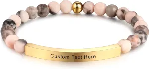 MeMeDIY Personalized Bracelets for Women Natural Stone Stretch Bracelet Stainless Steel Bar Engraved Name Inspirational Message 7.5" Beaded Stretch Bracelet