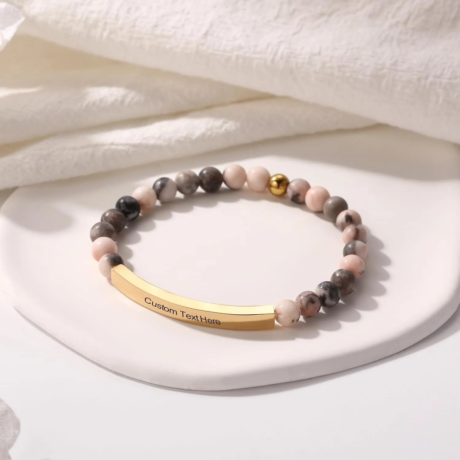 MeMeDIY Personalized Bracelets for Women Natural Stone Stretch Bracelet Stainless Steel Bar Engraved Name Inspirational Message 7.5" Beaded Stretch Bracelet