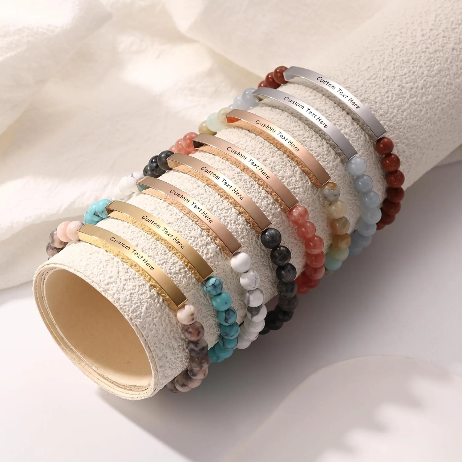 MeMeDIY Personalized Bracelets for Women Natural Stone Stretch Bracelet Stainless Steel Bar Engraved Name Inspirational Message 7.5" Beaded Stretch Bracelet