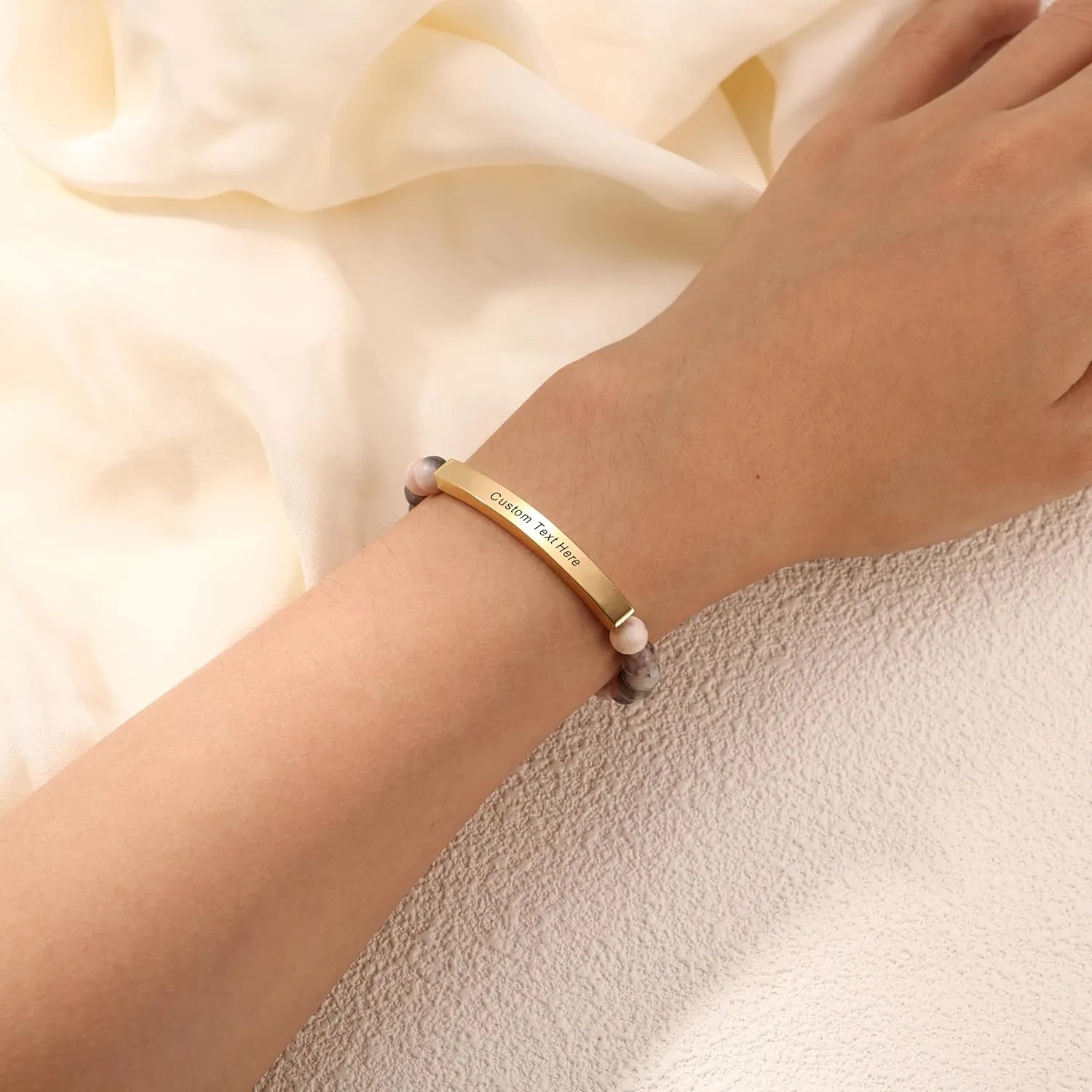 MeMeDIY Personalized Bracelets for Women Natural Stone Stretch Bracelet Stainless Steel Bar Engraved Name Inspirational Message 7.5" Beaded Stretch Bracelet