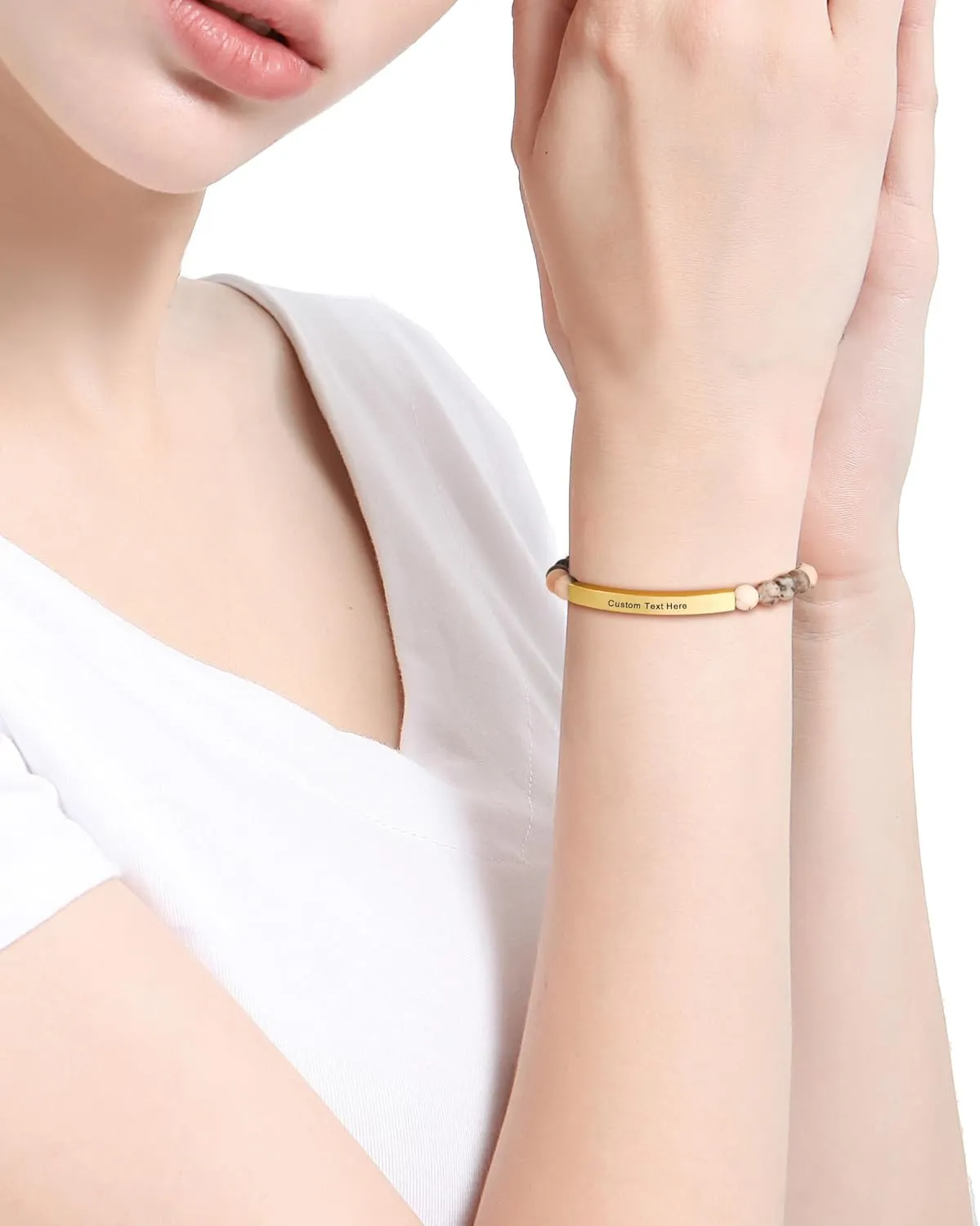 MeMeDIY Personalized Bracelets for Women Natural Stone Stretch Bracelet Stainless Steel Bar Engraved Name Inspirational Message 7.5" Beaded Stretch Bracelet