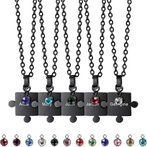 MeMeDIY Personalized Jigsaw Puzzle Pendant 2/3/4/5/6 Pieces Necklace Engraving Name Date for Couples Women Men Customized Birthstone Stainless Steel Adjustable Chain for Family Love Friendship