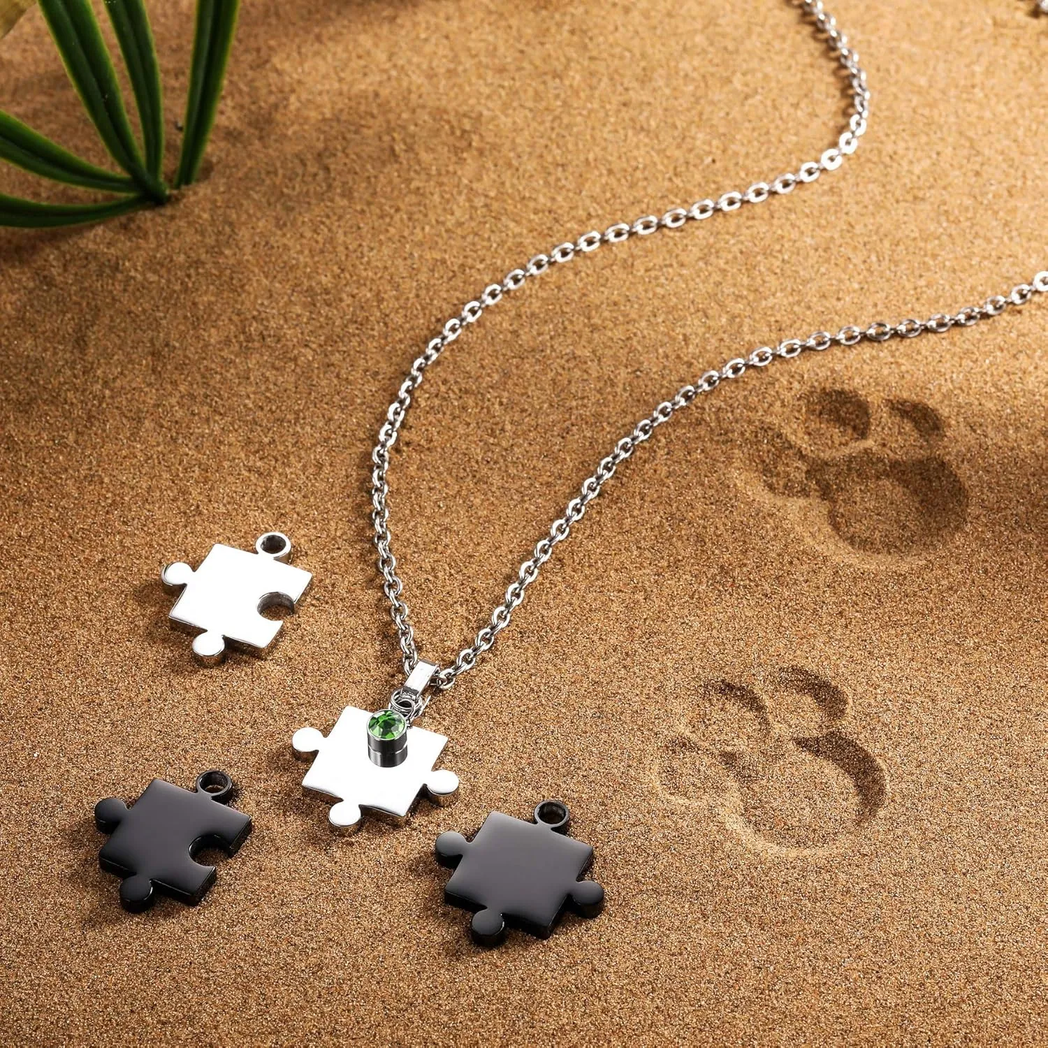 MeMeDIY Personalized Jigsaw Puzzle Pendant 2/3/4/5/6 Pieces Necklace Engraving Name Date for Couples Women Men Customized Birthstone Stainless Steel Adjustable Chain for Family Love Friendship