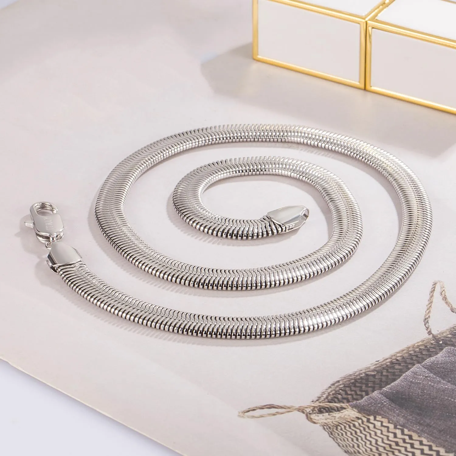 Men 925 Sterling Silver Necklace Italian 6MM-8MM Flexible Flat Snake Chain Choker 16-30 Inch 24K Gold plated Fine Jewelry Gifts for Women
