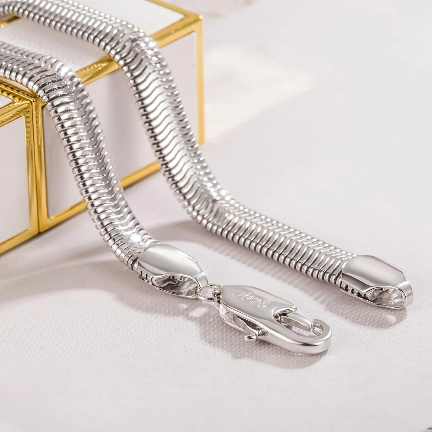 Men 925 Sterling Silver Necklace Italian 6MM-8MM Flexible Flat Snake Chain Choker 16-30 Inch 24K Gold plated Fine Jewelry Gifts for Women