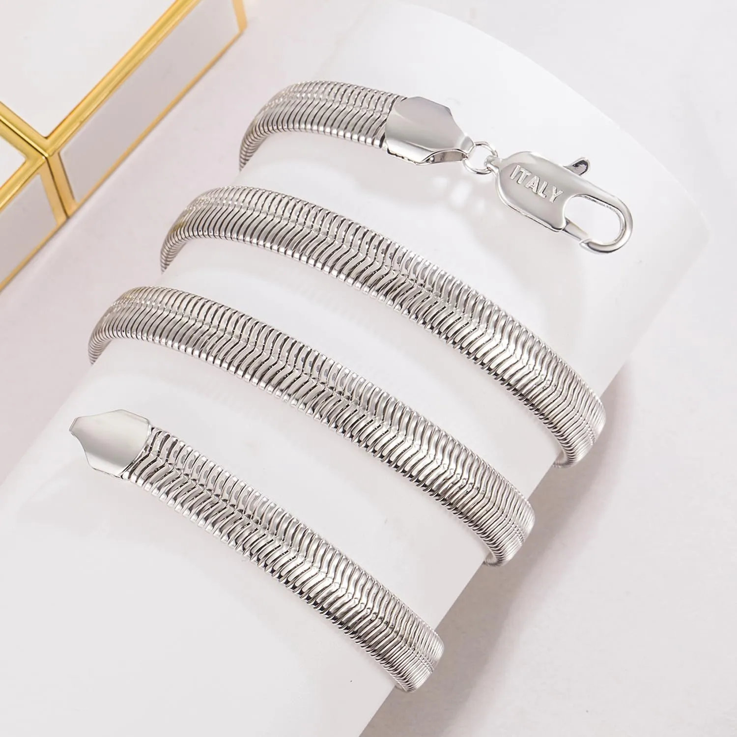 Men 925 Sterling Silver Necklace Italian 6MM-8MM Flexible Flat Snake Chain Choker 16-30 Inch 24K Gold plated Fine Jewelry Gifts for Women