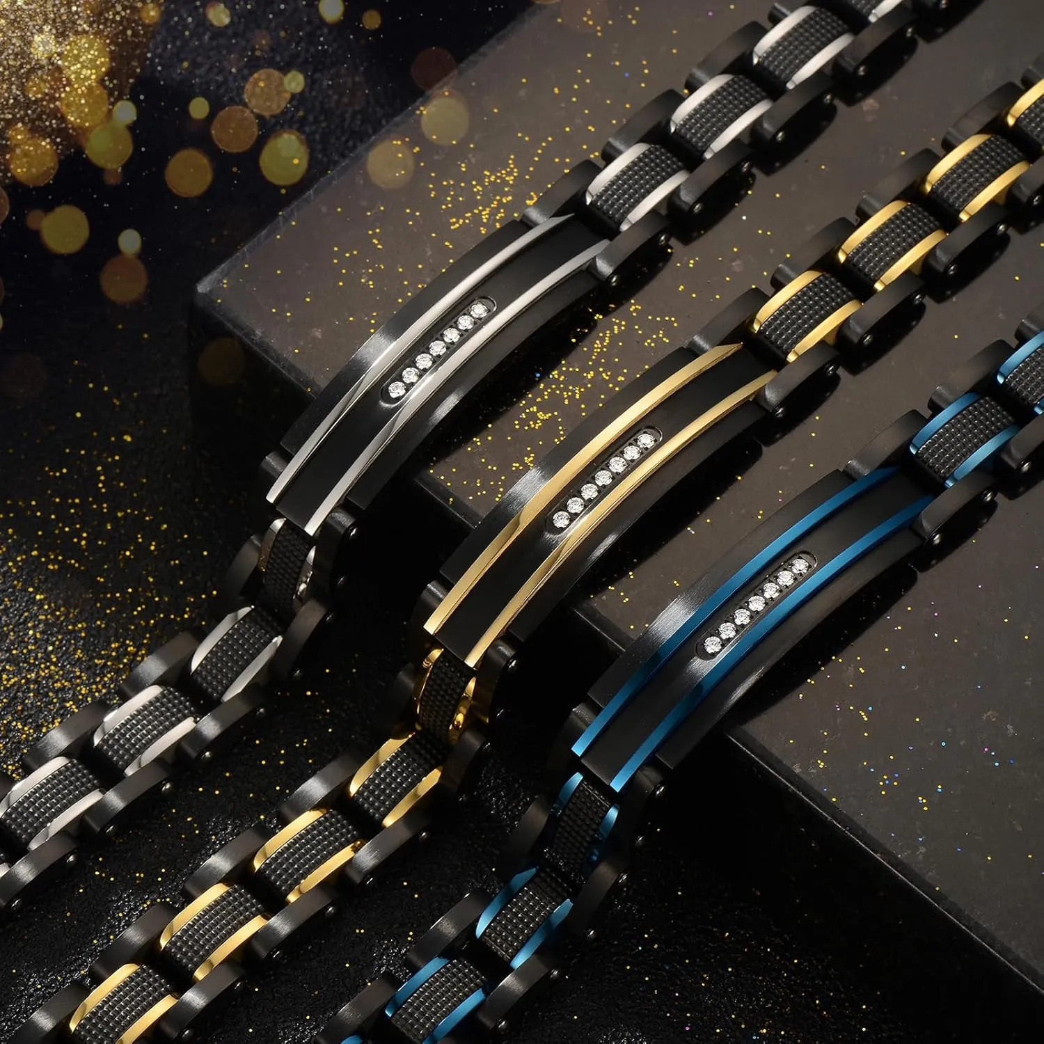 Men Bracelet Stainless Steel men black bracelet Link diamond silver bracelet blue particles jewelry Men chain Gift Boxes