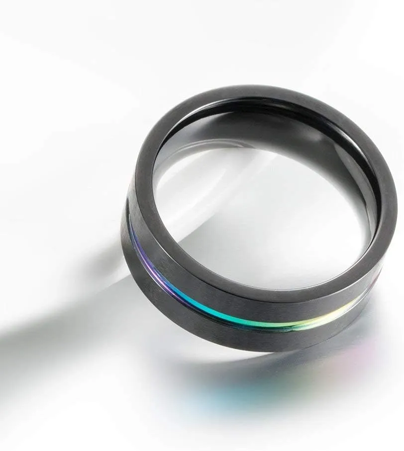 Men's 8MM Titanium Rainbow Groove Black Matte Brushed Wedding Ring Band LGBT Couples Rings