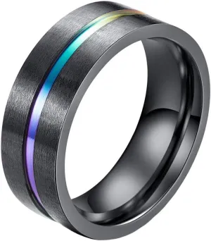 Men's 8MM Titanium Rainbow Groove Black Matte Brushed Wedding Ring Band LGBT Couples Rings