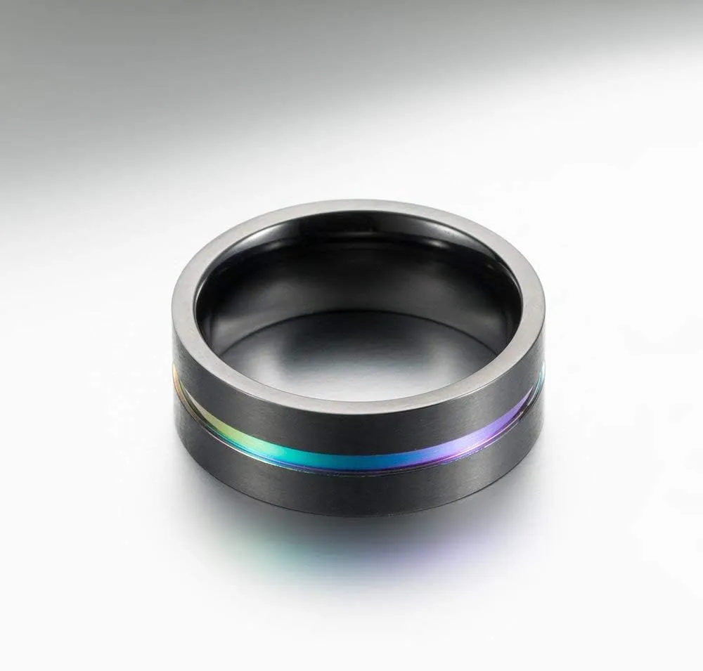 Men's 8MM Titanium Rainbow Groove Black Matte Brushed Wedding Ring Band LGBT Couples Rings