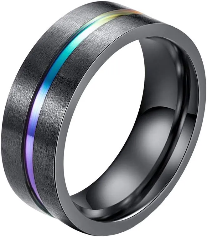 Men's 8MM Titanium Rainbow Groove Black Matte Brushed Wedding Ring Band LGBT Couples Rings