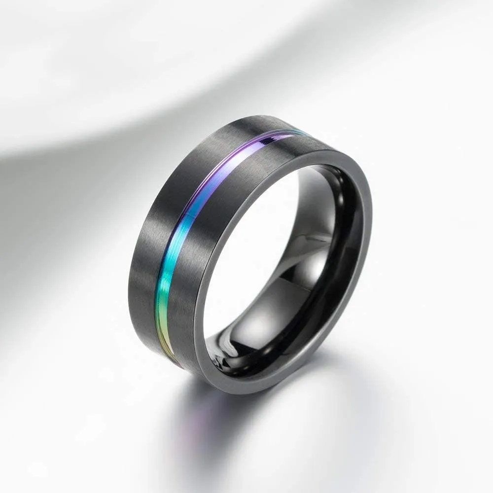 Men's 8MM Titanium Rainbow Groove Black Matte Brushed Wedding Ring Band LGBT Couples Rings