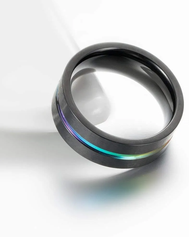 Men's 8MM Titanium Rainbow Groove Black Matte Brushed Wedding Ring Band LGBT Couples Rings