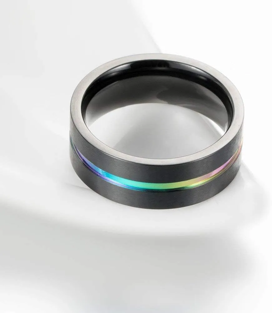 Men's 8MM Titanium Rainbow Groove Black Matte Brushed Wedding Ring Band LGBT Couples Rings