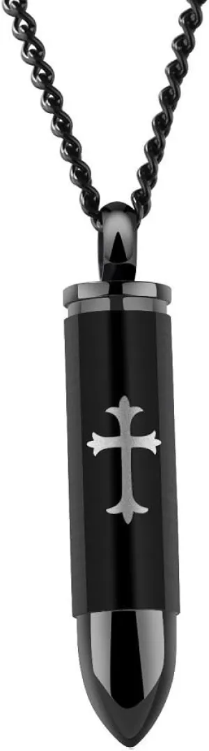 Mens Black Cross Pendant Stainless Steel Religious Bullet Urn Ashes Memorial Keepsake Necklace Chain for Men Women Prayer Jewelry