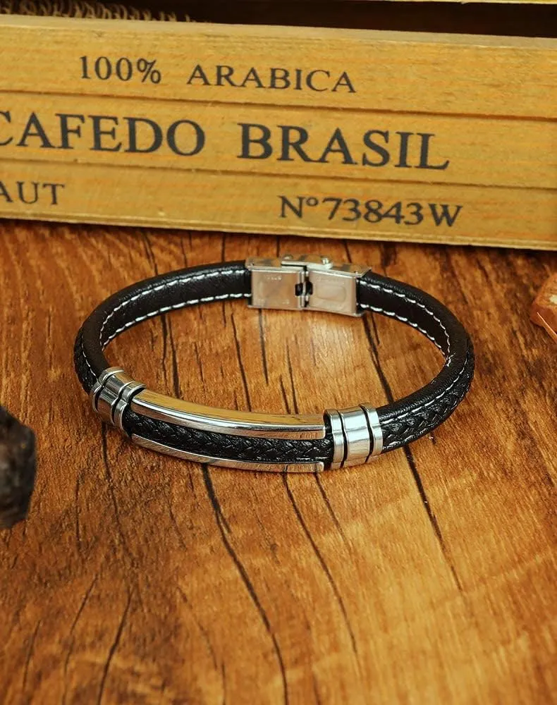 Mens Black Leather Bracelet Silver Stainless Steel Adjustable Buckle Bracelets Pulseras para Hombre