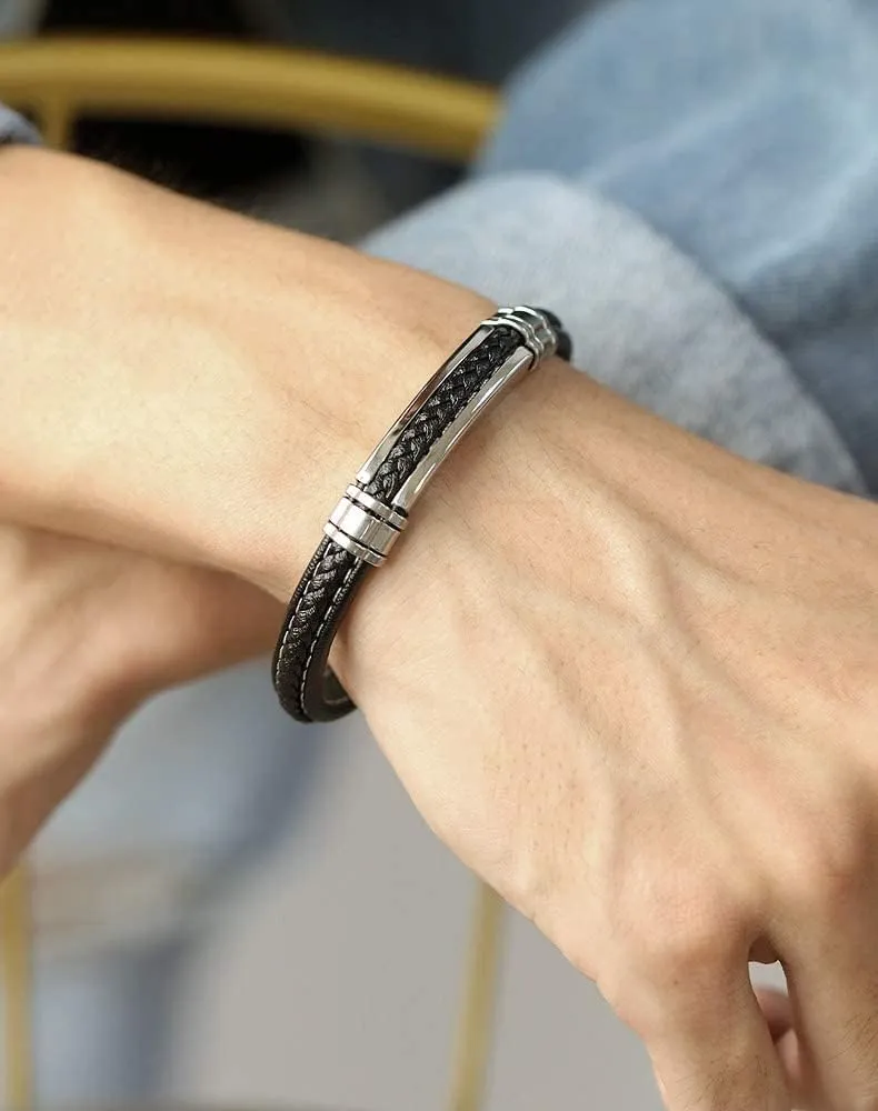 Mens Black Leather Bracelet Silver Stainless Steel Adjustable Buckle Bracelets Pulseras para Hombre