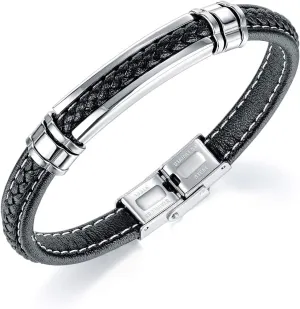 Mens Black Leather Bracelet Silver Stainless Steel Adjustable Buckle Bracelets Pulseras para Hombre