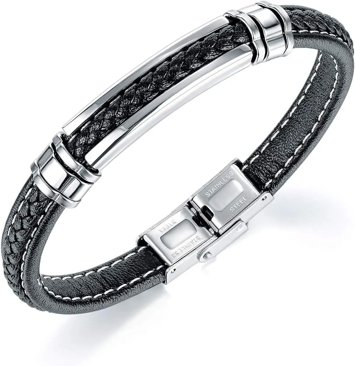 Mens Black Leather Bracelet Silver Stainless Steel Adjustable Buckle Bracelets Pulseras para Hombre