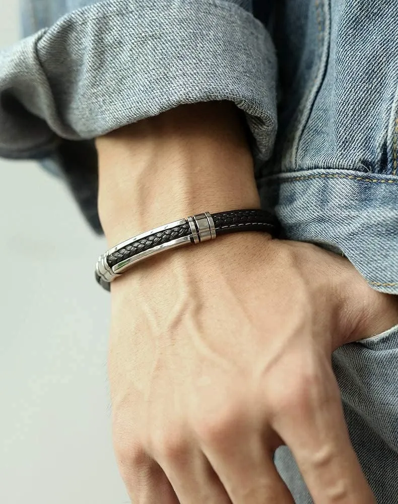 Mens Black Leather Bracelet Silver Stainless Steel Adjustable Buckle Bracelets Pulseras para Hombre